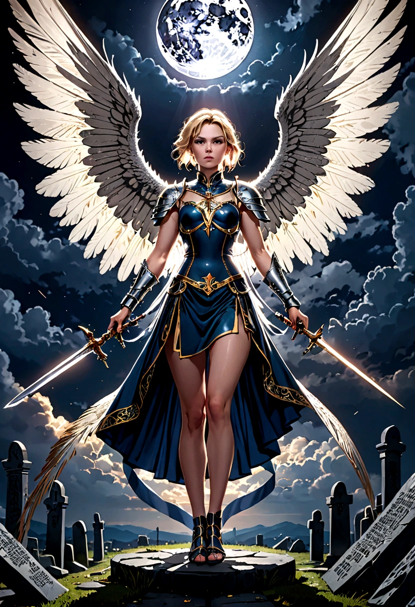 a model shot (taken from the rear: 1.5), 16K, ultra detailed, masterpiece, best quality, (extremely detailed), arafed, dnd art, portrait, full body, aasimar, female, (Masterpiece 1.3, intense details), female, paladin, holy warrior, spread large feathered wings, (wings sprouting from the back: 1.3), majestic wings, white angelic wings spread (Masterpiece, intense details: 1.5), moon light, moon, stars, clouds, holy symbol, armed with sword, short blond hair, dark fantasy cemetery background, anatomically correct (Masterpiece 1.3, intense details), angel_wings, determined face, god rays, cinematic lighting, glowing light, silhouette, from outside, photorealism, panoramic view (Masterpiece 1.3, intense details) , Wide-Angle, Ultra-Wide Angle, 16k, highres, best quality, high details, armored dress