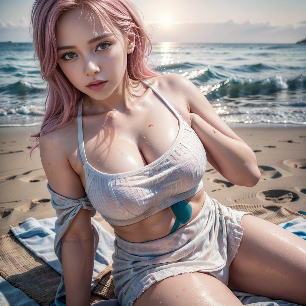 1 girl, hips up, full body, sitting on beach, white sweater, white skirt, pink hair, elegant pose, cinematic lighting, volumetric sunny, dramatic sunset, detailed facial features, intricate fabric textures, atmospheric depth of field, photorealistic , 8K, (best quality, 4k, 8k, high resolution, masterpiece: 1.2), ultra detailed, (realistic, photorealistic, photorealistic: 1.37), HDR, UHD, studio lighting, ultra-fine painting, sharp focus, physically based rendering , Extremely detailed, professional description, vivid colors, bokeh.