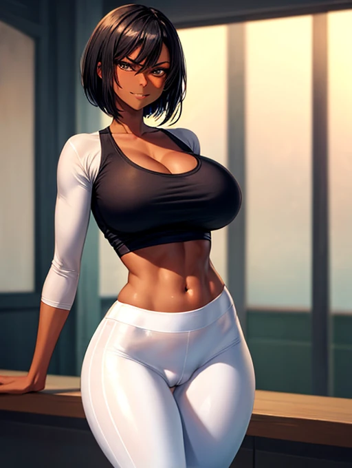 Short black hair, tall, shiny skin, oiled skin, huge breasts, fit, very dark skin, ebony skin, long legs, angry smile, cameltoe, midriff, white leggins, cleavage, tight t-shirt