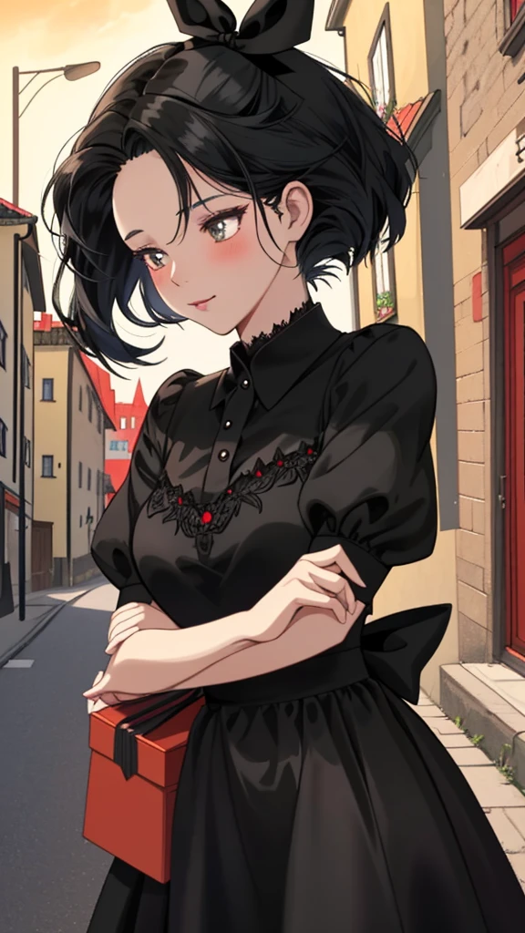 Ghibli-style animation. The Witch's Delivery Service. In the streets of Sweden. A girl. A black dress. Black hair. Short cut. A big red ribbon on her head. Cute face. Cute. High quality. 4K quality.