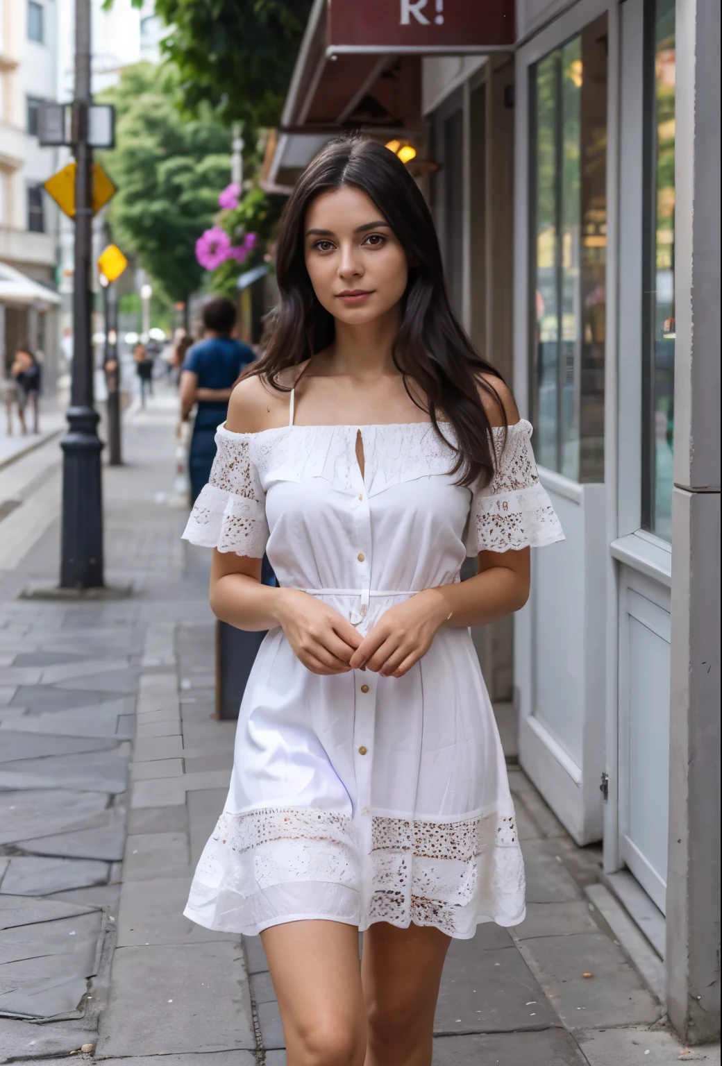 30 years old woman, natural beauty, dark eyes, long dark hair, wearing a short violet summer dress, white shoes, standing in front of a street cafe
