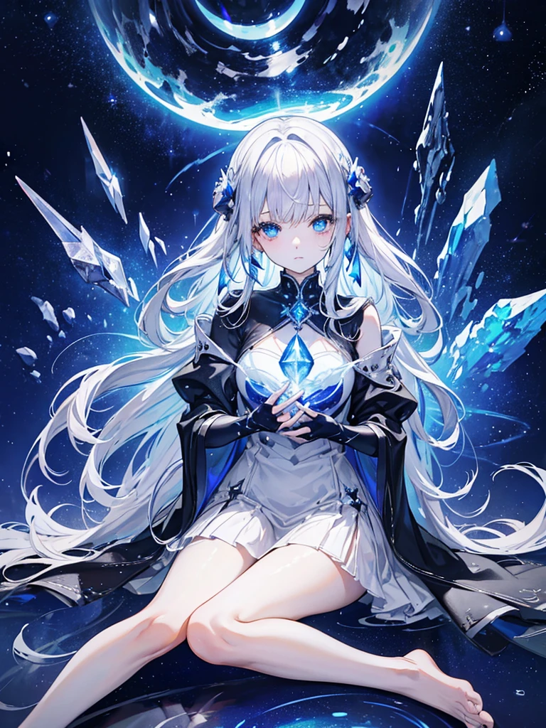 One beautiful woman、Sitting on the Milky Way、Holding a glowing crystal、Gray Hair、Blue eyes that shine like jewels、Dark Blue Dresysterious、Super detailed、highest quality、masterpiece、Wrapped in a nebula、Fantasy、Numerous stars、planet、Looking at the crystal in his hand、long hair、Circle of Light、barefoot
