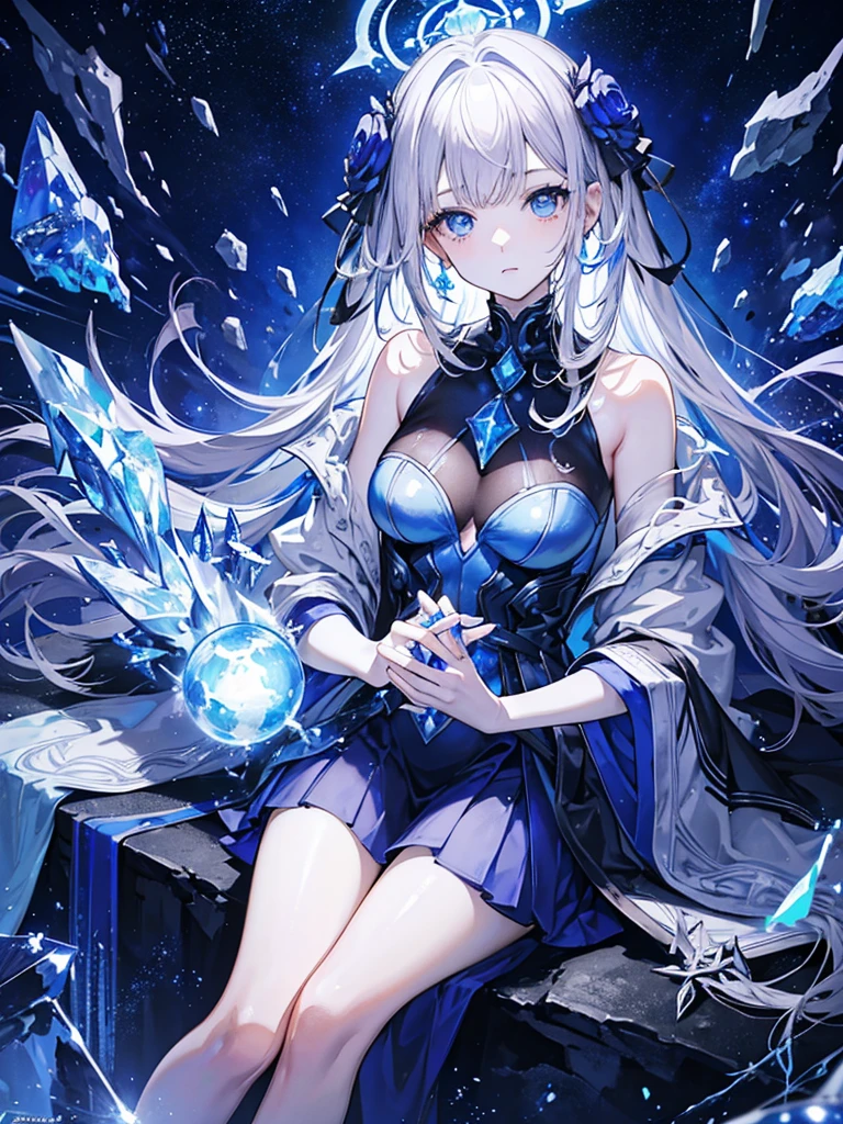 One beautiful woman、Sitting on the Milky Way、Holding a glowing crystal、Gray Hair、Blue eyes that shine like jewels、Dark Blue Dresysterious、Super detailed、highest quality、masterpiece、Wrapped in a nebula、Fantasy、Numerous stars、planet、Looking at the crystal in his hand、long hair、Circle of Light、barefoot