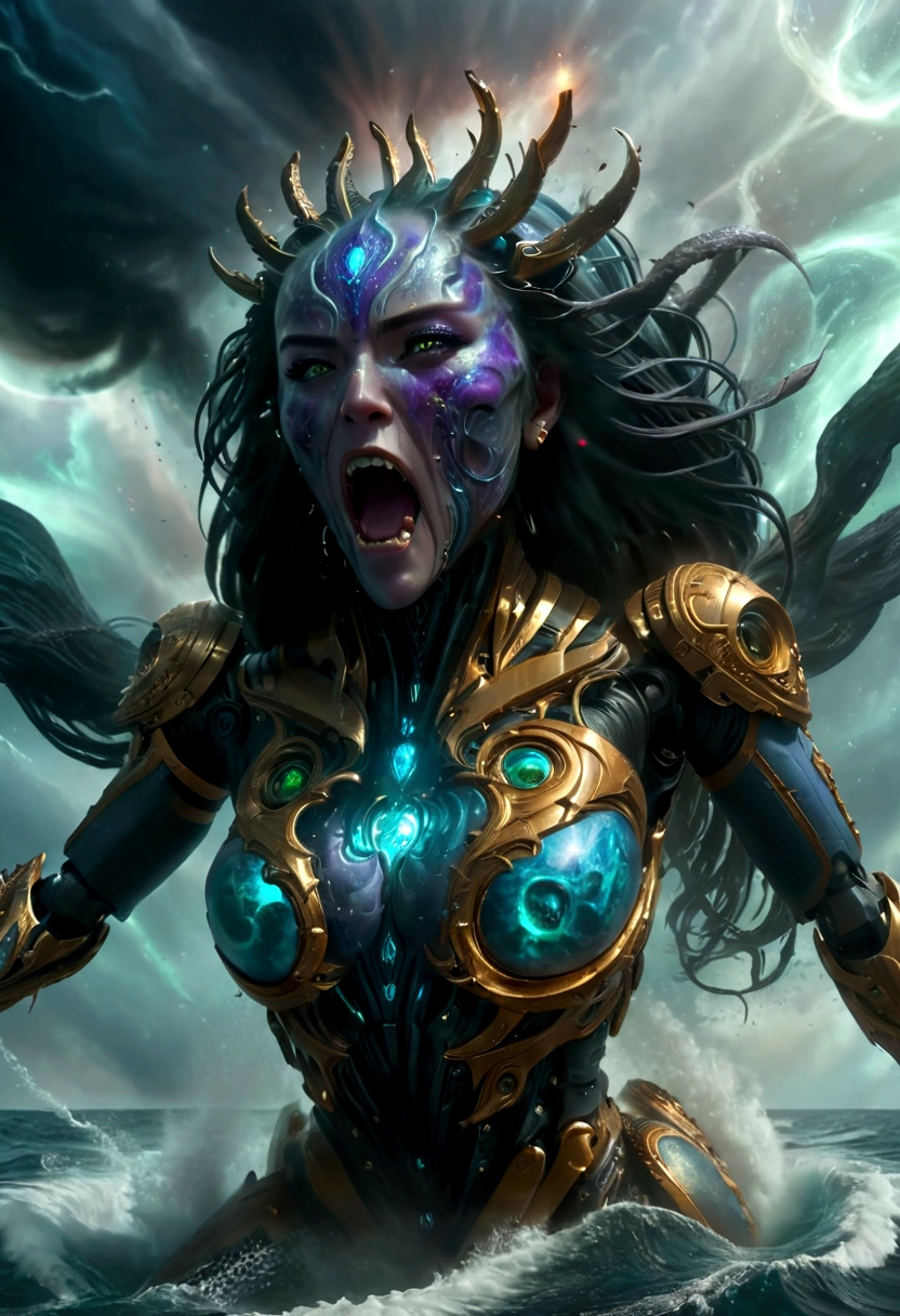 lady Kraken in stunning movement, wrath expression punching a vessel-boat as nebula explosion, scaled face-skin, face focus, cried out, high tide, thunder-storm background, ultra shots photographic, hyper detailed, ultra-speed shot, dimmed light, UHD, 16k, epicrealism, masterpiece, perfect image, perfect color.