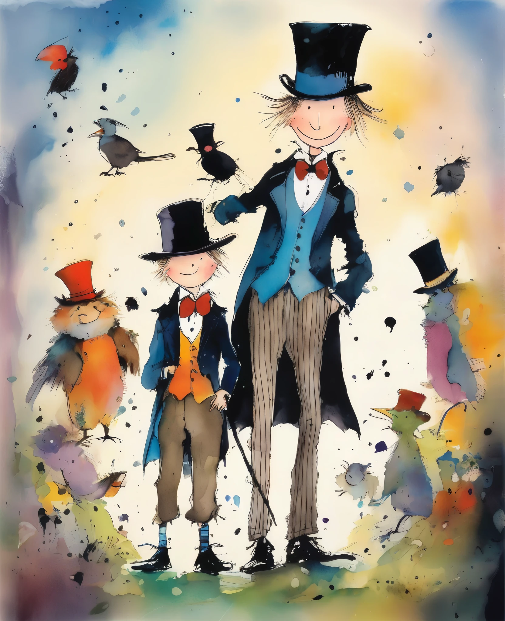 Quentin Blake style photo 、Children and Gentlemen、Portraiture、High resolution、Top Hat Friends、highest quality、masterpiece、Very detailed