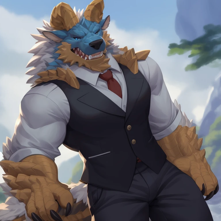 masterpiece, best quality, high quality, highres, detailed, extremely detailed,zinogre,  solo, 1boy, blue eyes, male focus, muscular, claws, furry, furry male, horns, tail, teeth, muscular male, full body, necktie, 1boy, male focus, blue eyes, solo, vest, formal, red necktie, suit, sharp teeth, coat, (hands in pockets), furry male, shirt, cropped legs, pants, teeth, ((detailed eye))