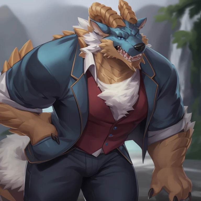 masterpiece, best quality, high quality, highres, detailed, extremely detailed,zinogre,  solo, 1boy, blue eyes, male focus, muscular, claws, furry, furry male, horns, tail, teeth, muscular male, full body, necktie, 1boy, male focus, blue eyes, solo, vest, formal, red necktie, suit, sharp teeth, coat, (hands in pockets), furry male, shirt, cropped legs, pants, teeth, ((detailed eye))