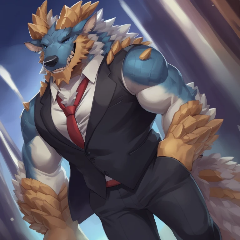 masterpiece, best quality, high quality, highres, detailed, extremely detailed,zinogre,  solo, 1boy, blue eyes, male focus, muscular, claws, furry, furry male, horns, tail, teeth, muscular male, full body, necktie, 1boy, male focus, blue eyes, solo, vest, formal, red necktie, suit, sharp teeth, coat, (hands in pockets), furry male, shirt, cropped legs, pants, teeth, ((detailed eye))