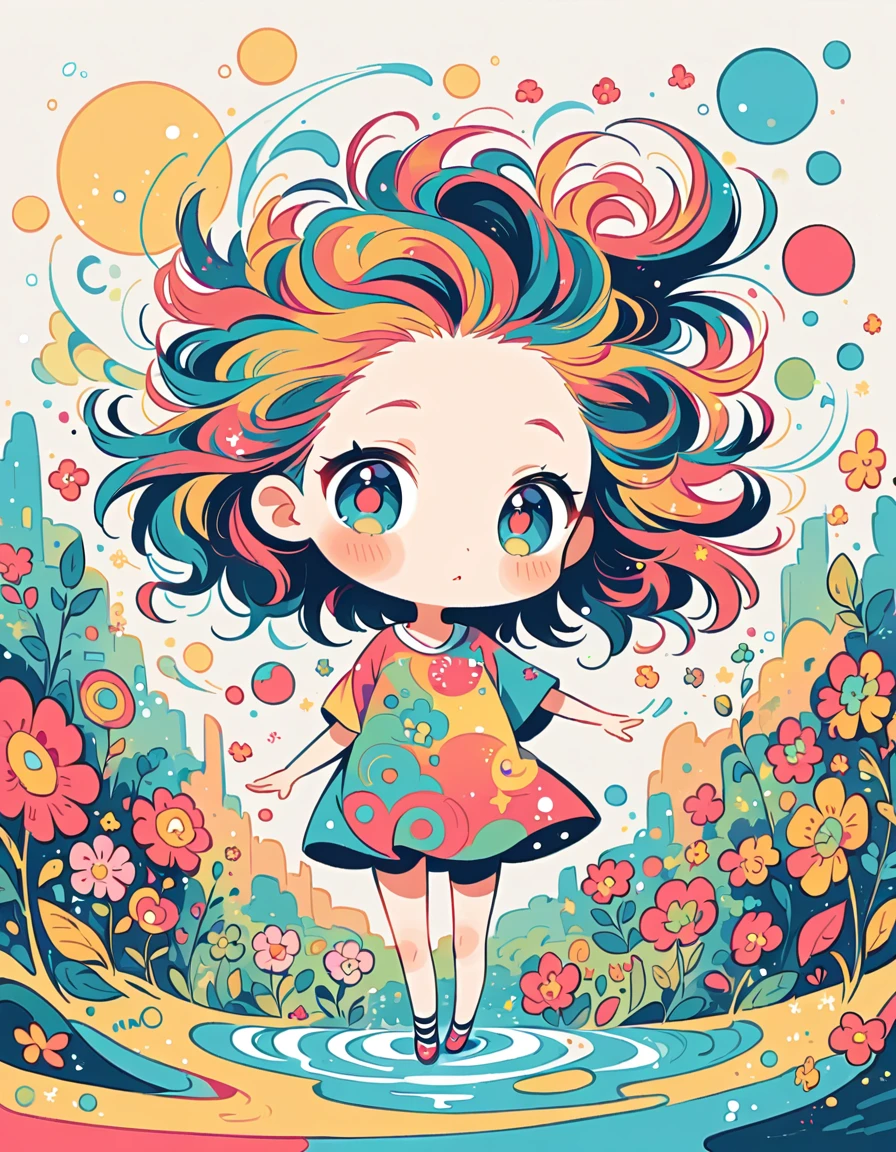 Takashi Murakami style, Standing in front of a high wall，Simple Line Initialism，Abstract art，Urban Background, (((The most beautiful girl))), (((chibi))), colorful flowers, Water Play, Cute animals in the forest