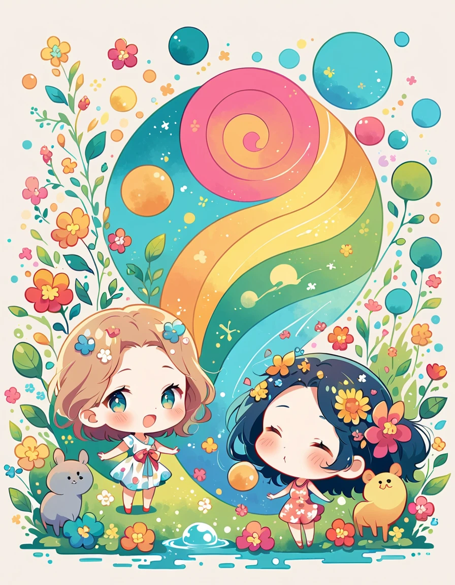 Takashi Murakami style, Standing in front of a high wall,Simple Line Initialism,Abstract art,Urban Background, (((The most beautiful girl))), (((chibi))), colorful flowers, Water Play, Cute animals in the forest