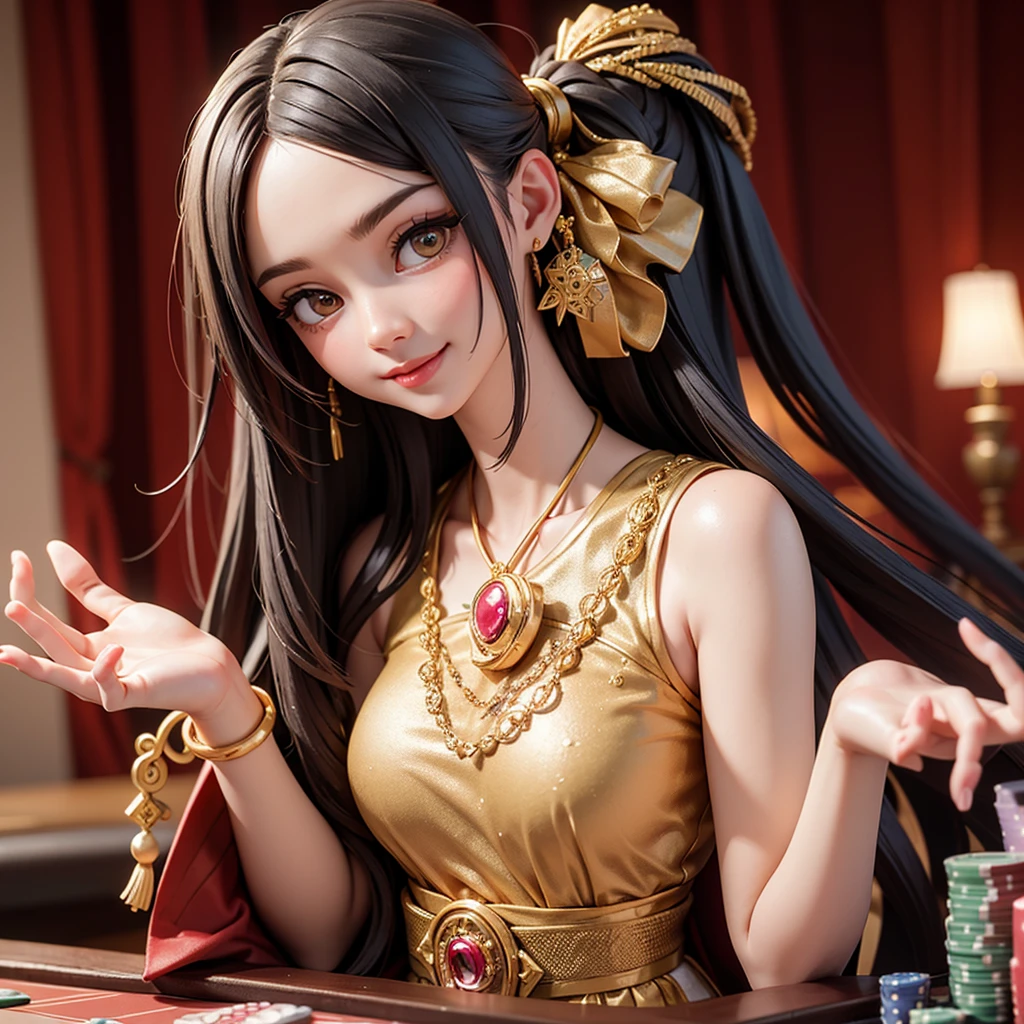 one girl, luxurious casino, elegant, opulent, card table, rich people, people playing cards in background, croupier, customer service, wearing thailand traditional dress, poker table, happy pretty smile, flirting you, loooking at you, in the middle thinking of you, fantasy