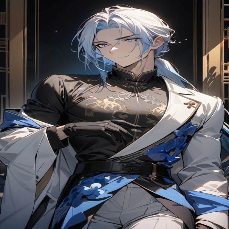 (masterpiece:1.5)，best quality，(1 Handsome man)，alone，white medium length hair，Low ponytail，(blue eyes), (A soft smile)，elegant，perfect face，Fantasy Chinese style，Long black trench coat，white and blue cloth，Complex clothing design with Chinese elements，Black leather gloves，white lining，White suit pants，Slightly muscular body，High，8K，Beautiful contrast of light and shadow，Dark luxury background，(complete upper body)，Positive face，((Nemophila))，luxury screen，blue flowers