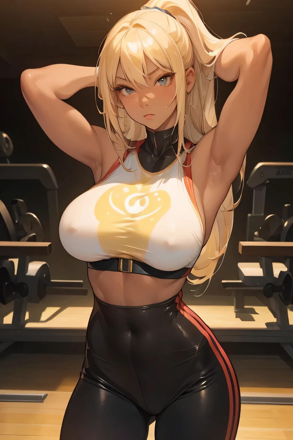 Woman with athletic body, dark skin and golden hair, muscular girl, perfect women, 35 years, leather clothes, big hair, perfect face, , big ass, sexy, f, mular gimuscle shape, workout clothes, sexy pose
