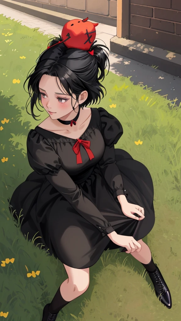 Ghibli-style animation. The Witch's Delivery Service. In the streets of Sweden. A girl. A black dress. Black hair. Short cut. A big red ribbon on her head. Cute face. Cute. High quality. 4K quality.