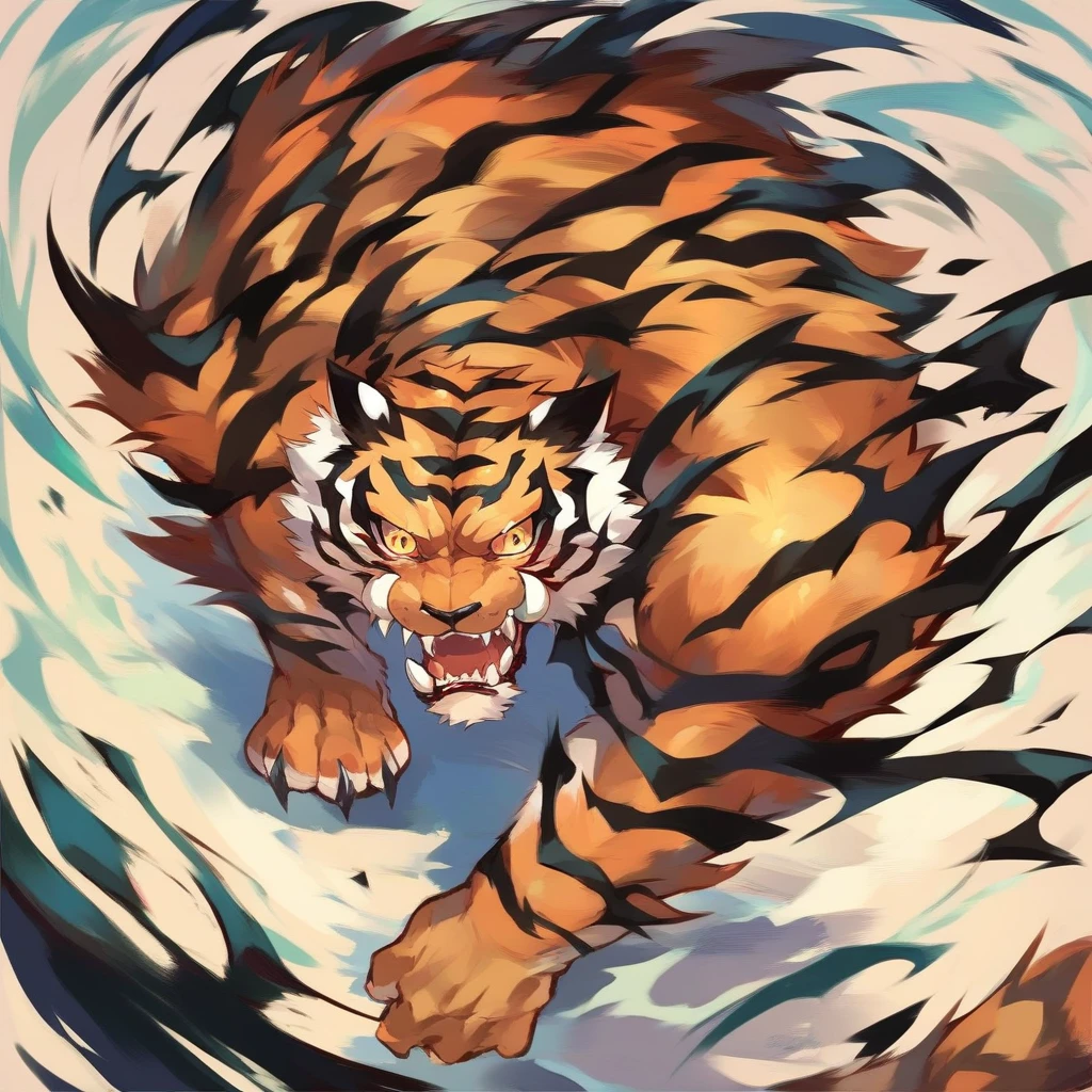 antho dream tiger, furry, dynamic angle, attacking, illustration, ((((by hyaku by hyaku, by hyaku)))