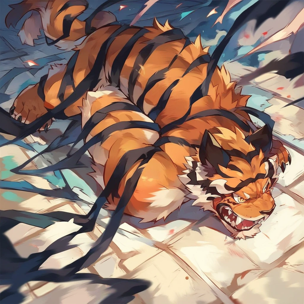 antho dream tiger, furry, dynamic angle, attacking, illustration, ((((by hyaku by hyaku, by hyaku)))