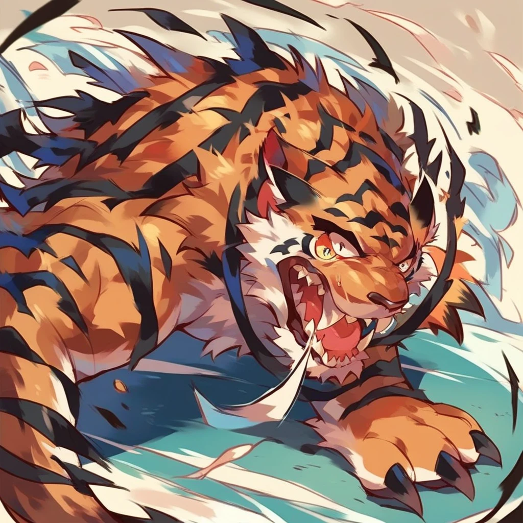 antho dream tiger, furry, dynamic angle, attacking, illustration, ((((by hyaku by hyaku, by hyaku)))