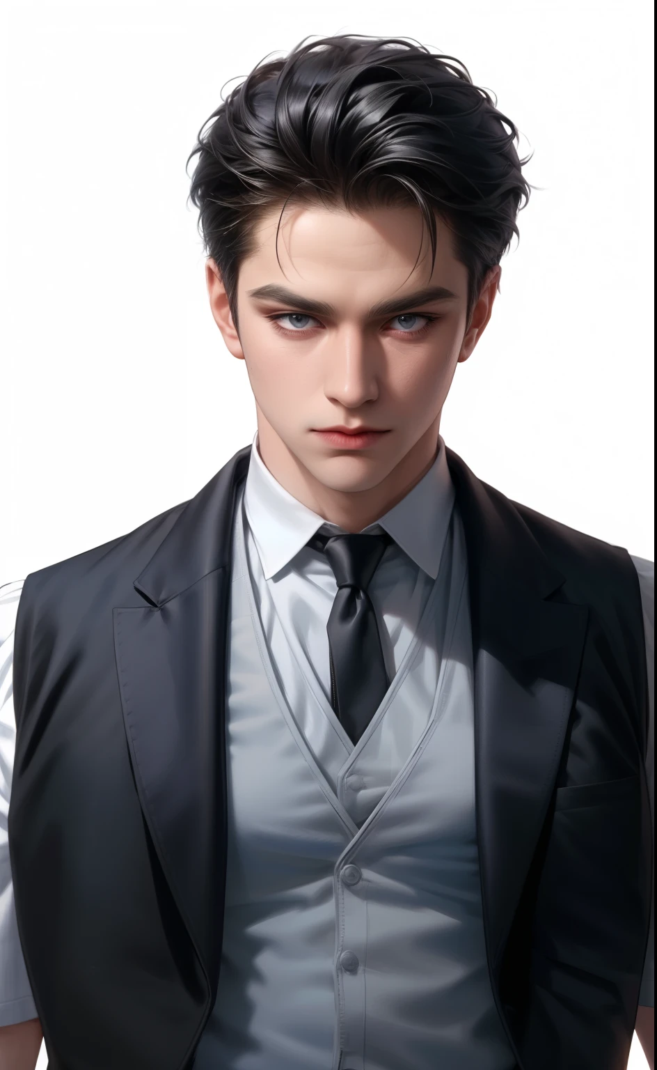 (masterpiece,Best quality,ultra_detailed,a high resolution,absurd),1 man, 30th job, (broad shoulders), (muscular), male focus, only, Dark black blue hair, chains, jacket,simple background, grey eyes, Upper body, vest, short hair, I look at the audience, Stationary person, t-shirt, White shirt, White background, Белый vest, JEWELRY.