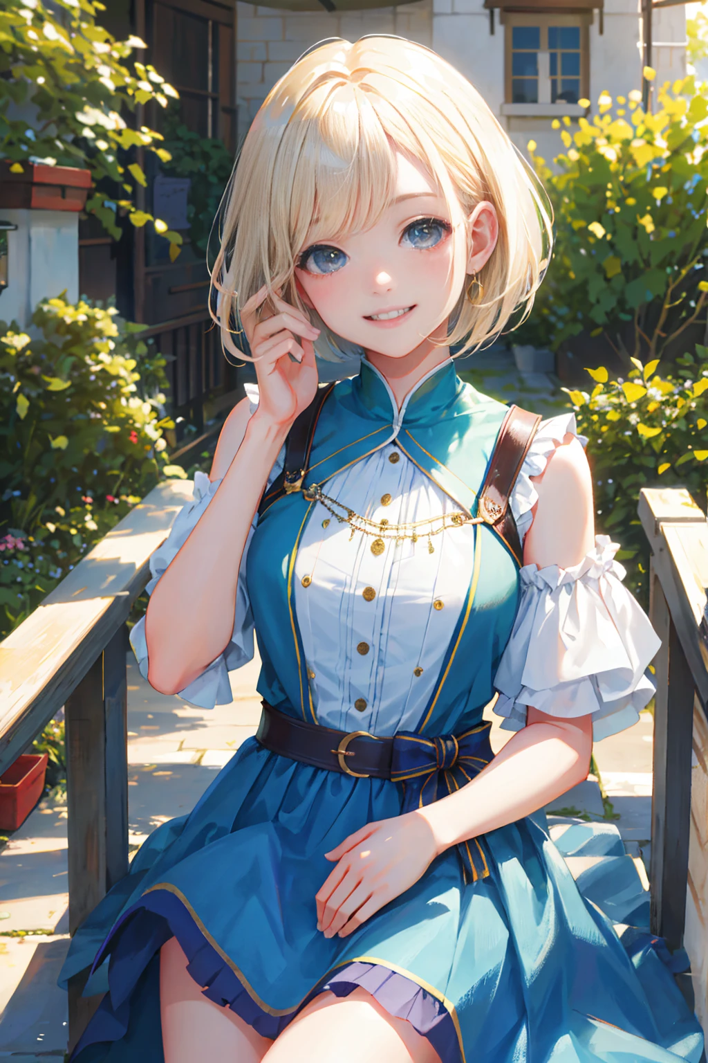 Photorealistic、Highest quality、Highest Resolution、highest quality、８Ｋ、cute女性、Beautiful Face、One beautiful woman、Bob Cut Hair、Light Hair Color、cute、beautiful、The best smile、Beautiful background、Parr's Hand、Five Fingers、Put your hands forward、beautifulな指、beautifulな手、