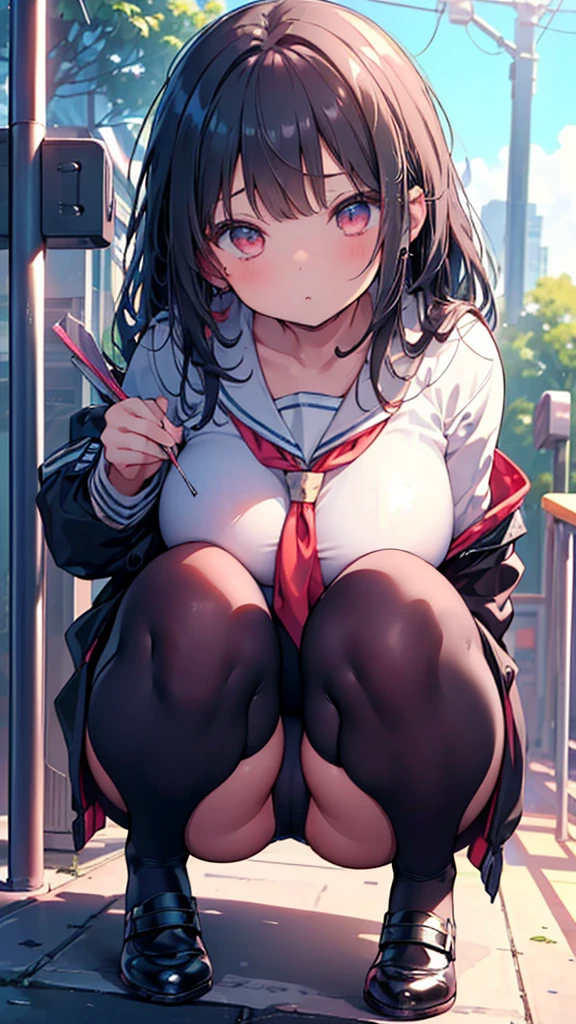 (masterpiece), (1 serious public discipline chairman: 1.3), (super thick and plump body: 1.3), (huge breasts and butt)), (small head: 1.2), (extremely small uniform)), (shiny skin: 1.2), (speech while crouching on the schoolyard morning stand))