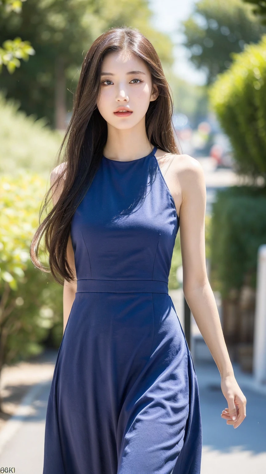 ((Best quality, 8K, masterpiece:1.3))，1girl，18 years old，Asian，Real texture:1.3，(Background blur:1.3)，Gorgeous long dress，Tall and slender figure:1.2，(Hot summer weather)，（street:1.3），Highly detailed face and skin textures，Exquisite eyes，Long eyelashes，Double eyelids，Skin Whitening，happy