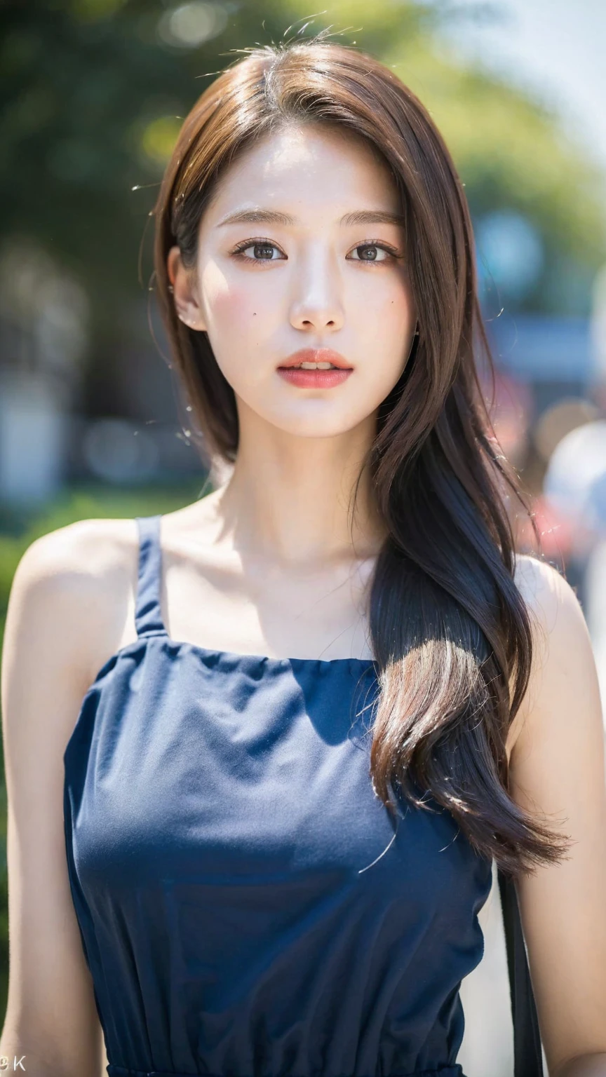 ((Best quality, 8K, masterpiece:1.3)),1girl,18 years old,Asian,Real texture:1.3,(Background blur:1.3),Gorgeous long dress,Tall and slender figure:1.2,(Hot summer weather),(street:1.3),Highly detailed face and skin textures,Exquisite eyes,Long eyelashes,Double eyelids,Skin Whitening,happy