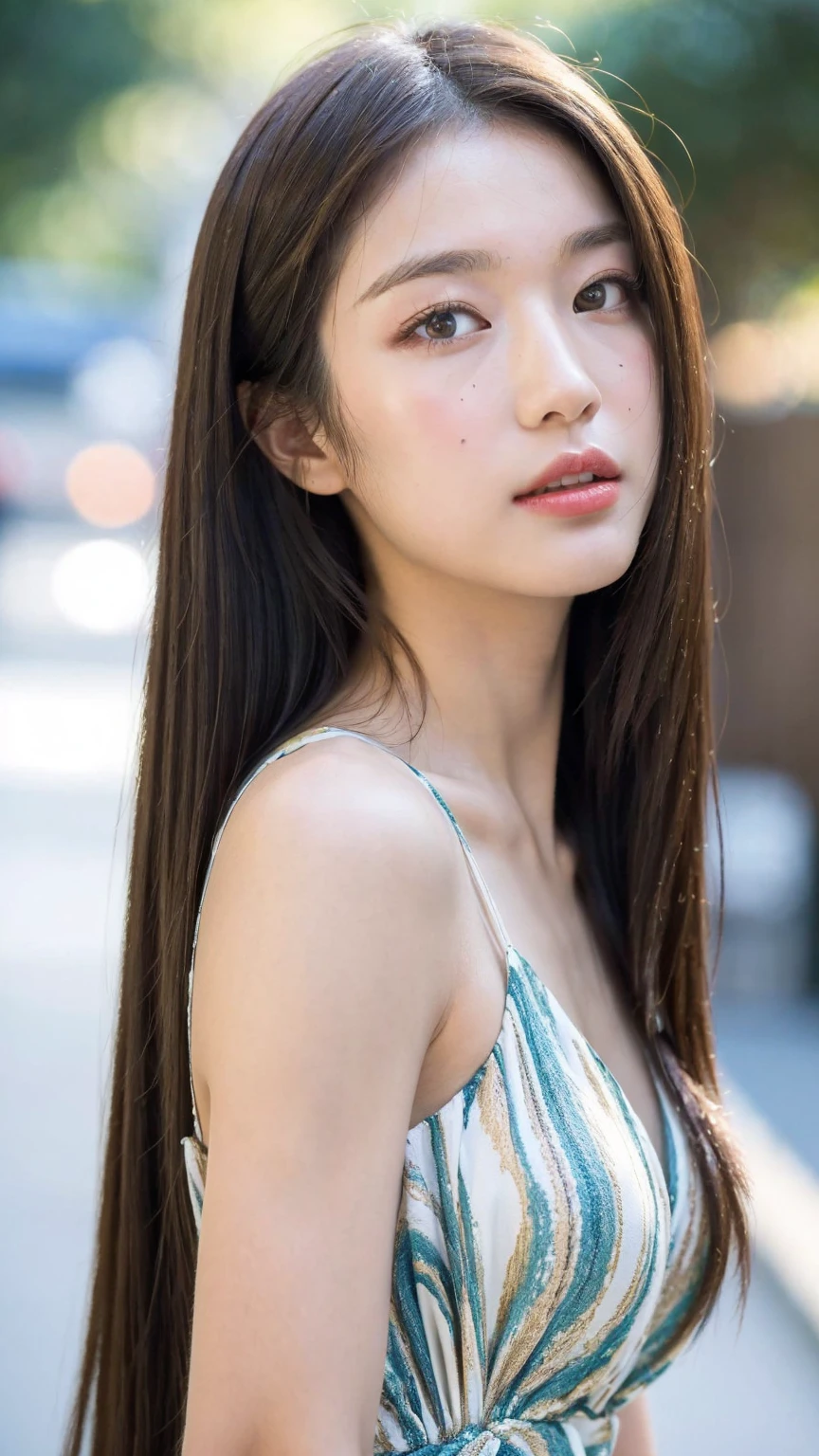 ((Best quality, 8K, masterpiece:1.3)),1girl,18 years old,Asian,Real texture:1.3,(Background blur:1.3),Gorgeous long dress,Tall and slender figure:1.2,(Hot summer weather),(street:1.3),Highly detailed face and skin textures,Exquisite eyes,Long eyelashes,Double eyelids,Skin Whitening,happy