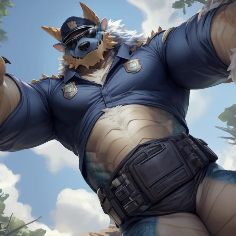 solo,anthro,zinogre,tail,full body,(dragon horns:1.2),
(by null-ghost,by raccoon21,masterpiece,high quality),
(police_uniform:1.3),police cap,
(sunglasses:1.2),crossed arms,
(low-angle view:1.3),(worm's-eye view:1.3),foot on camera