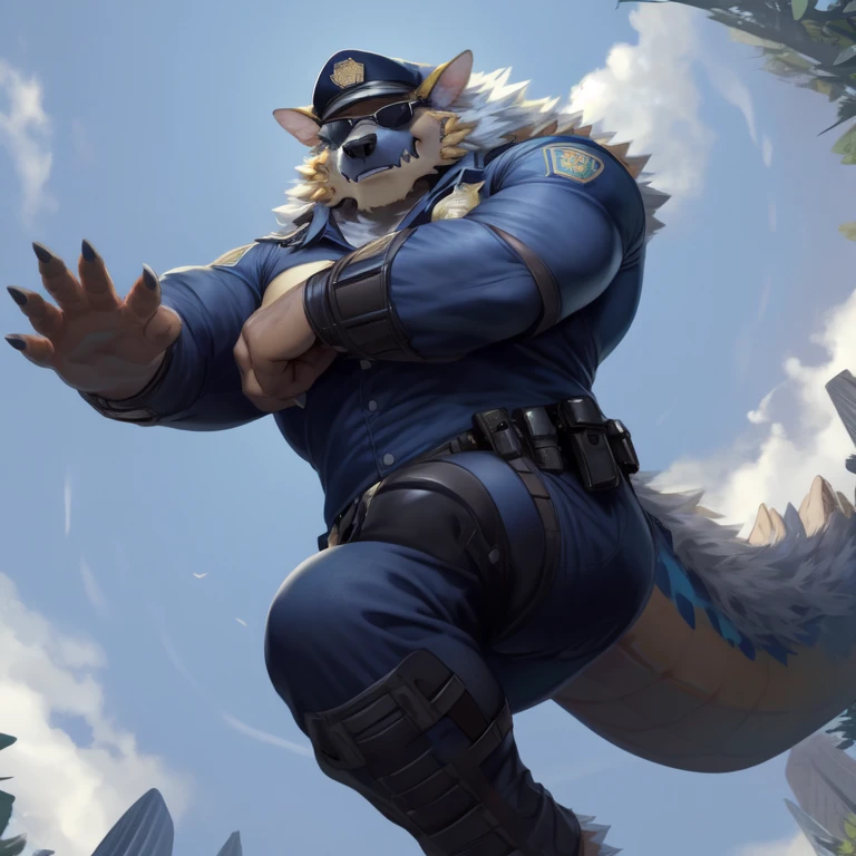 solo,anthro,zinogre,tail,full body,(dragon horns:1.2),
(by null-ghost,by raccoon21,masterpiece,high quality),
(police_uniform:1.3),police cap,
(sunglasses:1.2),crossed arms,
(low-angle view:1.3),(worm's-eye view:1.3),foot on camera