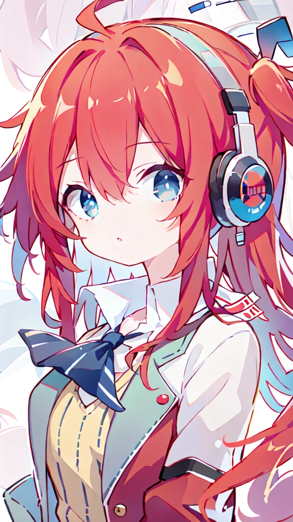 Half Up、Red Hair、wearing a blazer、Wearing headphones、Round eyes、blue eyes