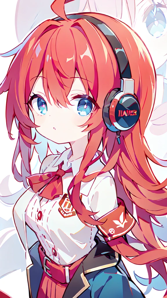 Half Up、Red Hair、wearing a blazer、Wearing headphones、Round eyes、blue eyes