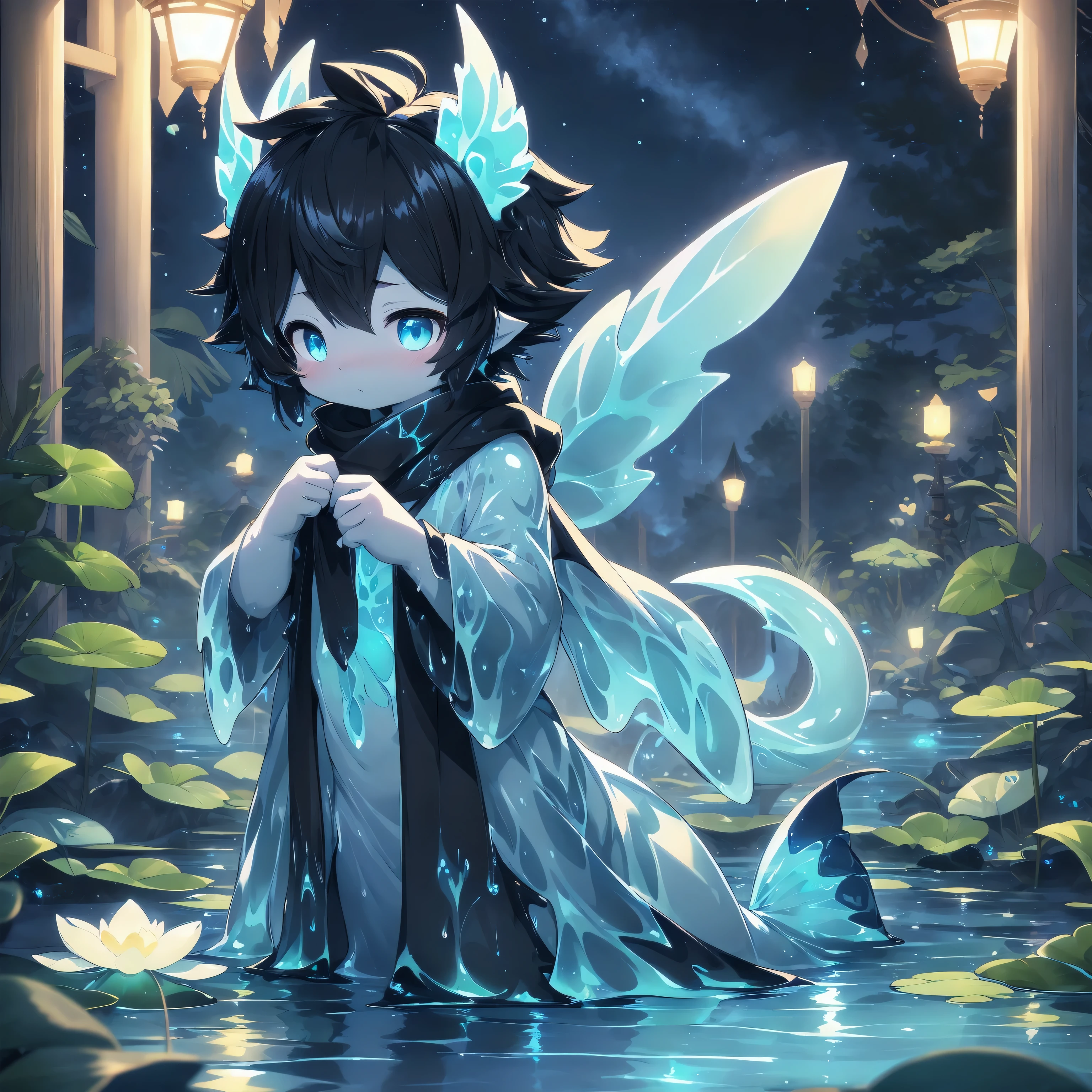shadowing,tmasterpiece,HighestQuali,gentle illumination,Complicated details,Soft lines,Sharp focus,16k,Mermaid Boy,Shota,tentaculata,goopy,dissolve,MuCoi,slime skin,semi transparent,Translucent body,Short liquid hair,flowingwater,slime,goo,goo,More tentacles,Water skin,Short blue-black hair,Fluorescent blue pickaxe staining,Luminescent tattoo,liquid state,Liquid skin,Liquid body,water flowing,water elemental,cloaks,scarf,light yarn,lotus flower,rays of moonlight,glowworm,flowingwater,Starry sky,stars,exhilarated,silk thread,Luminous pattern。