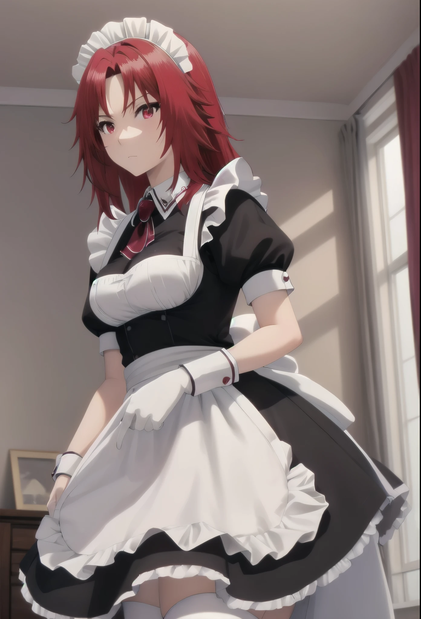 best quality, red hair,red eyes,masterpiece, highres, solo, (maid:1.40), (long maid dress:1.15), anime_style, 14
