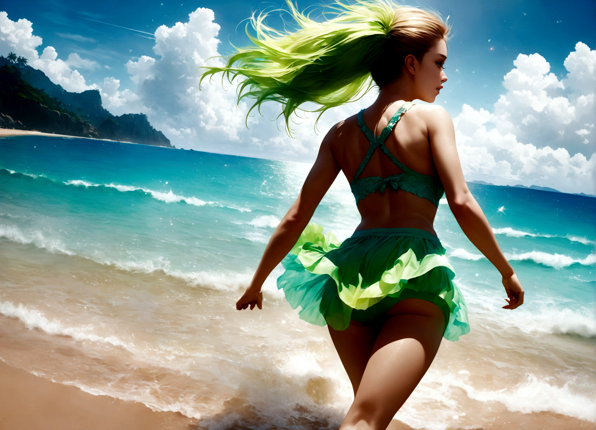 summer beach landscape photography,Beautiful sandy beach and emerald green sea,horizon,(A young group running towards the sea),(back),sprinting at full speed,fine,summer clothes,dynamic pose,dynamically,Beach-like equipment such as flip-flops and beach umbrellas,This is an image of the start of a fun summer.,Photoreal,realistic skin texture,draw hair delicately,Her hair is shiny and sparkles in the summer sunlight.,Beautiful men and women,Men should be moderately muscular, women should have perfect proportions.,The sea surface also sparkles as it reflects the summer sunlight.,Contrail in the summer blue sky,(masterpiece:1.3),(highest quality:1.4),(ultra detailed:1.5),High resolution,extremely detailed,unity 8k wallpaper,rich colors,Summer color balance