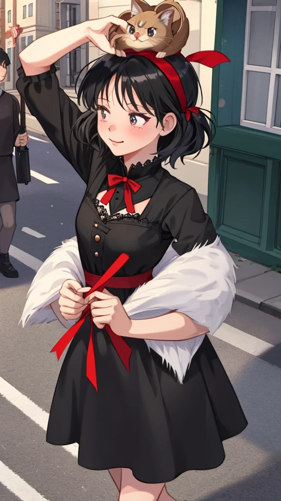 Ghibli-style animation. The Witch's Delivery Service. In the streets of Sweden. A girl. A black dress. Black hair. Short cut. A big red ribbon on her head. Cute face. Cute. High quality. 4K quality.