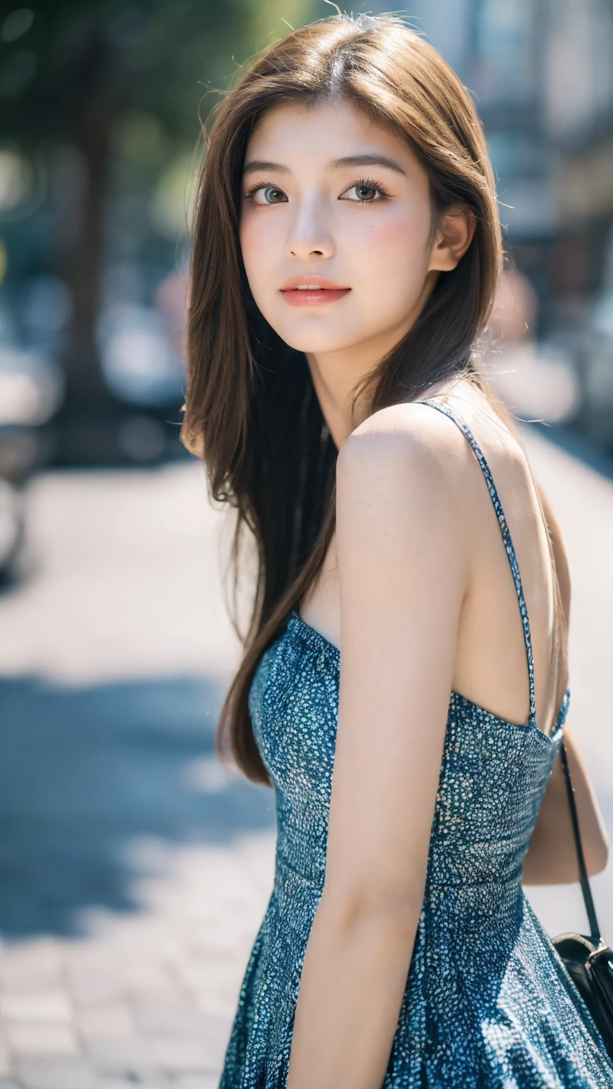 ((Best quality, 8K, masterpiece:1.3)),1girl,18 years old,Asian,Real texture:1.3,(Background blur:1.1),Gorgeous long dress,Tall and slender figure:1.2,(Hot summer weather),(street:1.3),Highly detailed face and skin textures,Exquisite eyes,Long eyelashes,Double eyelids,Skin Whitening,happy