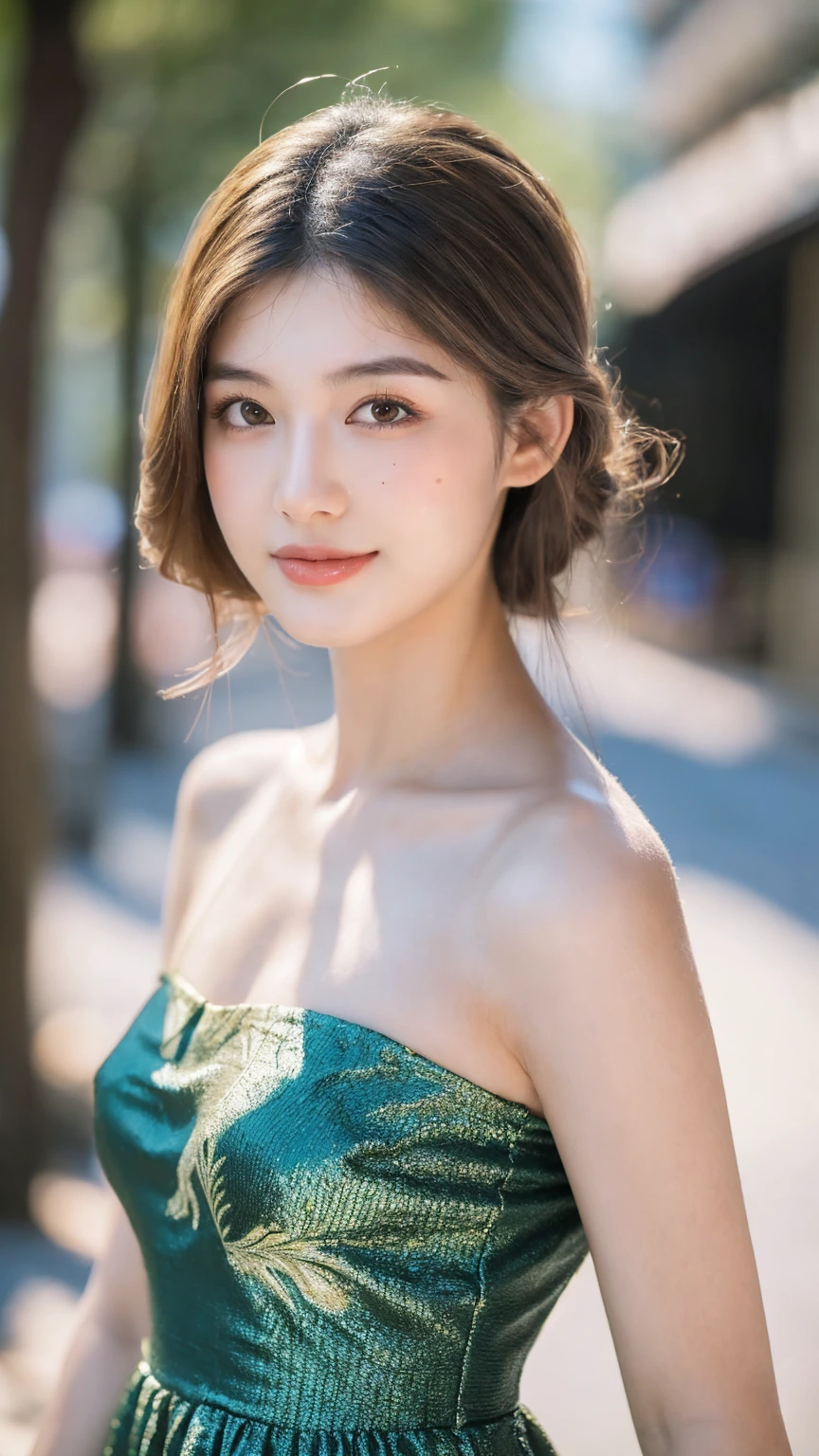 ((Best quality, 8K, masterpiece:1.3)),1girl,18 years old,Asian,Real texture:1.3,(Background blur:1.1),Gorgeous long dress,Tall and slender figure:1.2,(Hot summer weather),(street:1.3),Highly detailed face and skin textures,Exquisite eyes,Long eyelashes,Double eyelids,Skin Whitening,happy