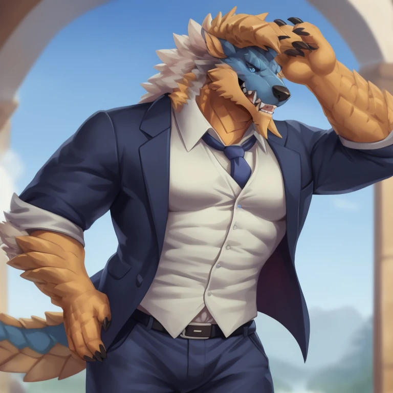 masterpiece, best quality, high quality, highres, detailed, extremely detailed,zinogre,  solo, 1boy, blue eyes, male focus, muscular, claws, furry, furry male, horns, tail, teeth, muscular male, full body, necktie, 1boy, male focus, blue eyes, solo, vest, formal, red necktie, suit, sharp teeth, coat, (hands in pockets), furry male, shirt, cropped legs, pants, teeth, ((detailed eye))