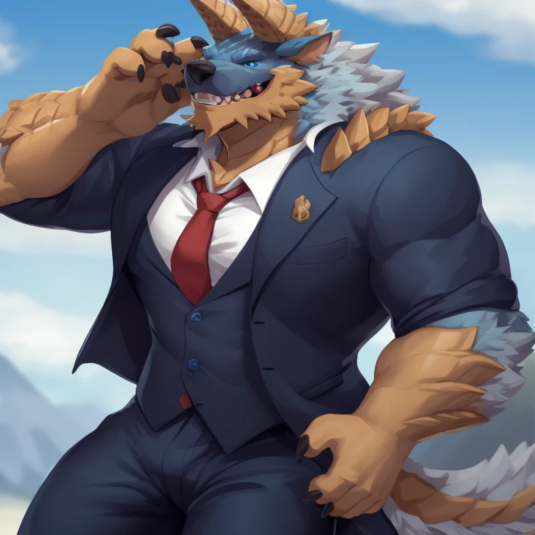 masterpiece, best quality, high quality, highres, detailed, extremely detailed,zinogre,  solo, 1boy, blue eyes, male focus, muscular, claws, furry, furry male, horns, tail, teeth, muscular male, full body, necktie, 1boy, male focus, blue eyes, solo, vest, formal, red necktie, suit, sharp teeth, coat, (hands in pockets), furry male, shirt, cropped legs, pants, teeth, ((detailed eye))