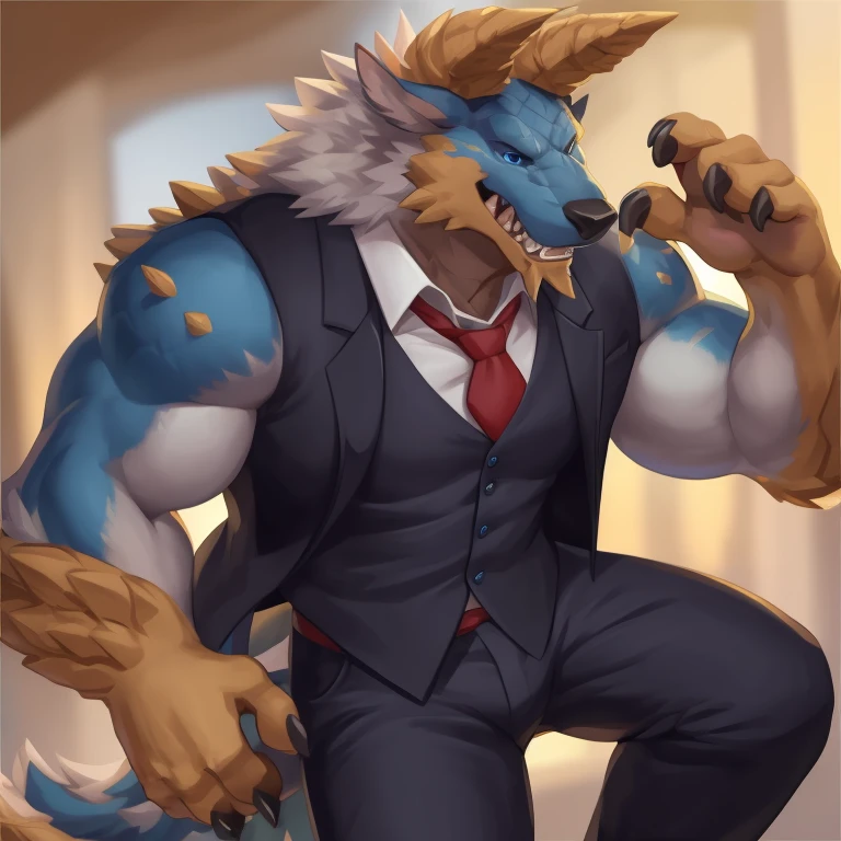 masterpiece, best quality, high quality, highres, detailed, extremely detailed,zinogre, solo, 1boy, blue eyes, male focus, muscular, claws, furry, furry male, horns, tail, teeth, muscular male, full body, necktie, 1boy, male focus, blue eyes, solo, vest, formal, red necktie, suit, sharp teeth, coat, (hands in pockets), furry male, shirt, cropped legs, pants, teeth, ((detailed eye))