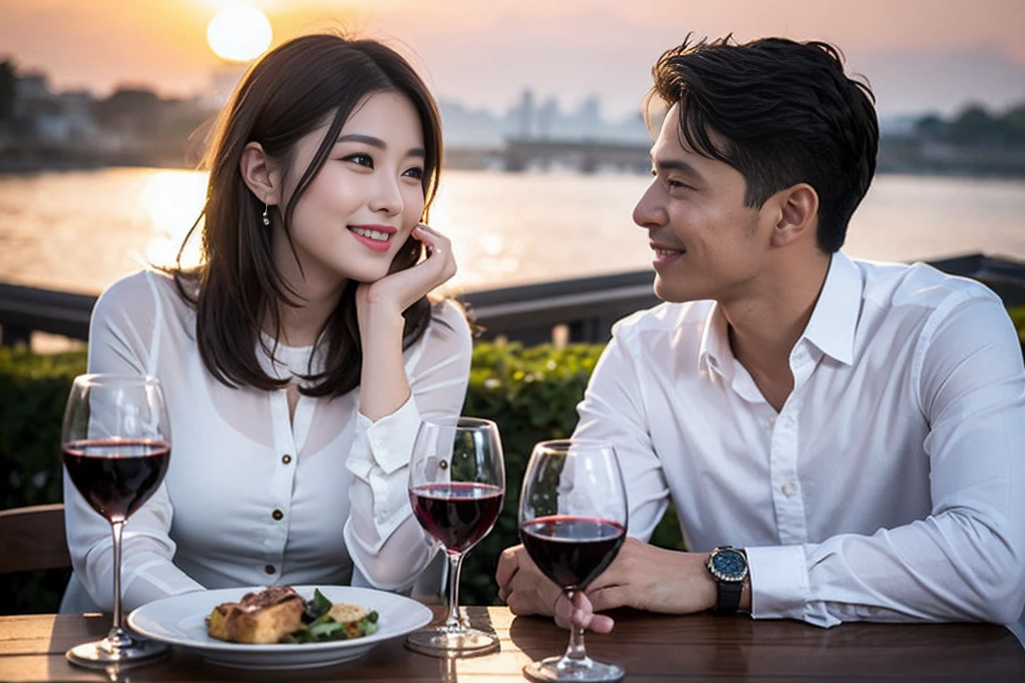 ((highest quality、8k、masterpiece:1.3))、 (Genuineistic, Genuine、Bright image、Intricate details:1.2), The best smile 1 man 1 woman、Beautiful Couple、spouse、Couple、spouse、actress、Model Couple、smile、full-course dinner、 (Slim face), (the body is slim), (Brown Hair), (short hair), Wine glass on the table、Please shine a light on my face、 Amazing view of the sunset sky and clouds、 (Age 35), 39 years old, red wine 、Appetizers、Wine bottle、sparkling wine、Long sleeve shirt、dress、White wine, red wine, wine glass, 