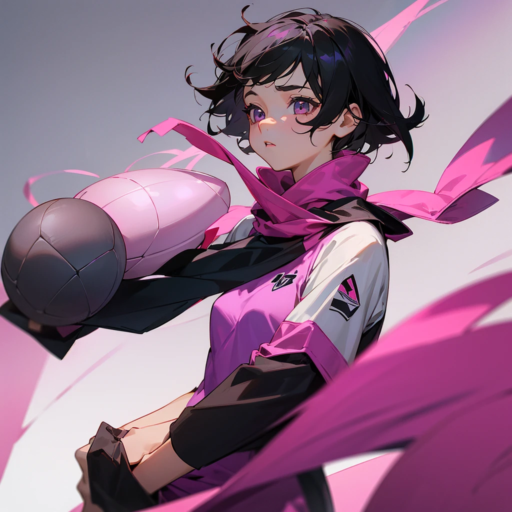 a girl with gray eyes, short black hair, wearing a pink football shirt and a purple cloth around her neck