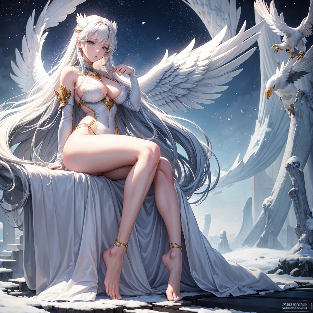 Eagle on the World Tree,Withering Wind,eagle,Snow,Nordic King,Queen,Long white hair,blue eyes,Cold eyes,Pure white clothes,Beauty,Girly Face,Ladylike temperament,Snow-white skin,Large Breasts,Very thin waist,Buttock bodybuilding,Slender and slender legs,Golden Ratio Graphics,Revealing clothes,Perfect body,Sitting on the bed,barefoot,Beautiful and delicate face,Sexy and elegant,Extra large breasts,Can tear clothes,Seductive eyes,Like a falcon