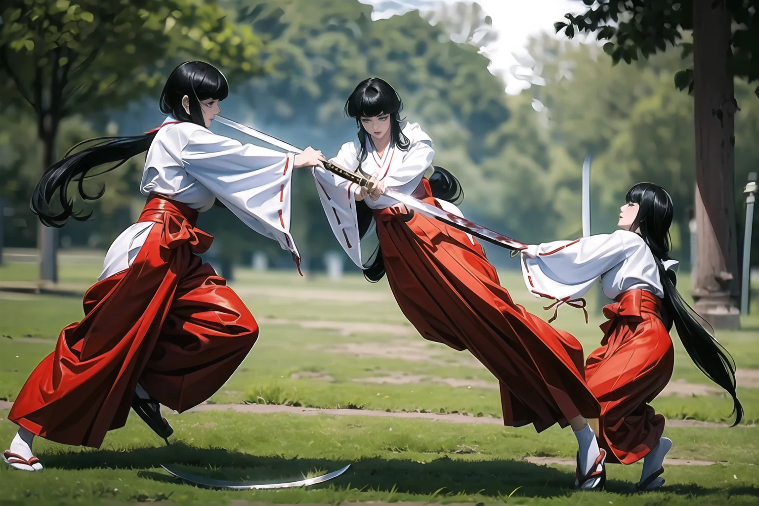 (highest quality, masterpiece, High resolution, Female samurai and female samurai kill each other in the bamboo forest), ((sweating:1.1)), (((Killing a female samurai with a sword))), (two young women), ((facing each other: 1.2)), solo, black hair, long hair, purple eyes, hime cut, japanese clothes, miko, holding weapon, katana, standing, outdoors, full body, angry expression score_9, score_8_up, score_7_up, score_6_up, score_5_up, score_4_up, BREAK source_anime, masterpiece, (erect nipples), (blood: 1.2), (evil: 1.1), female samurai style, kimono, ((furisode)), red hakama, (wearing red hakama: 1.5), ((kimono covered breasts)), (white tabi ankle socks: 1.3), very large breasts, black hair, red hakama wide pants, red hakama pleated pants, swinging sword, (blood flowing: 1.2), (blood splatter: 1.2), ((killing each other, samurai sword duel))