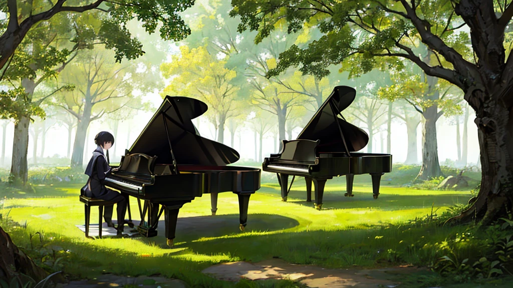 A grand piano placed in a forest of green autumn leaves with sunlight filtering through the trees、The soft sunlight filtering through the trees makes it sparkle.、One grand piano、There is no one、新海誠風のAn illustrationタッチで、粗いanime風に、anime、An illustration、Green fallen leaves、Black Grand Piano、The only grand piano