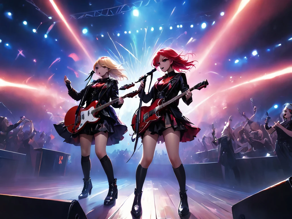 (Best quality,4K,8K,a high resolution,masterpiece:1.2),Super detailed,(valid,photovalid,photo-valid:1.37),Rockstar, Gothic rock, Female rock band "Besheniki", 3 adorable goth girls at the same time, gothic outfits (black and red colors), soloist and two guitarists ,Spacewalk,hysterical singing,Stage lighting,rebellious,glitch art,bright colors,energetic performance,Electric Atmosphere,Loud music,screaming fans,Huge speakers,Fiery explosion,dynamic poses,Smoke and fog effects,expressive face,rotating lights,Flash,dark background,Edgy style,wild hair,microphone stand,гитар sound distortion,Rock music,Celebrity,Electro guitar solo,huge concert stage,stand on stage,indulgent,Emotional intensity,Loud and heavy drumming,electric energy,Stage fireworks,Powerful vocal performance,The stadium is filled to capacity,thousands of enthusiastic fans, raging roaring crowd,Flash,Electric Atmosphere,sweaty and energetic performance,legendary figures,Acting,standing ovation