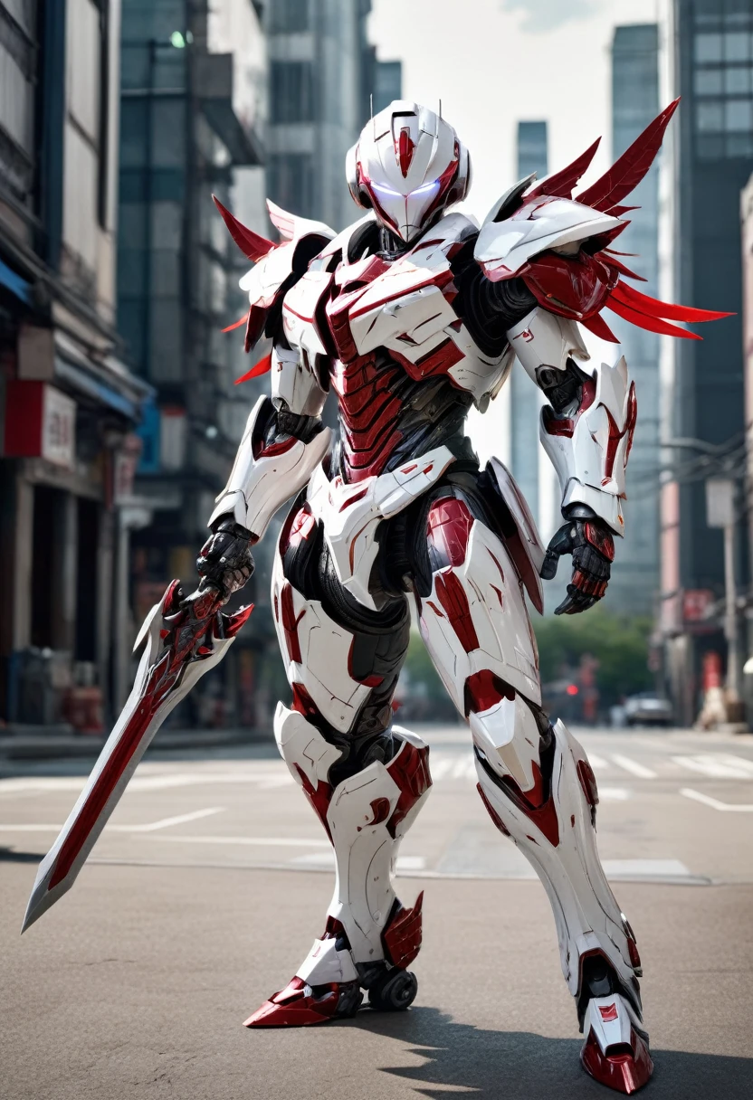A full-body shot 3D/Chibi of a robot or mechanized armor, captured from a 45-degree wide angle. The armor is predominantly white with red embellishments and a complex design, featuring sharp wings. The character holds a giant sword emitting a red, net-like glow. The robustness of the armor enhances the character's imposing presence, Random fighting pose atop the tallest sky in a ruined city, poised for battle with realistic visual effects, ultra-high details, 8K quality, and lightning in the background.