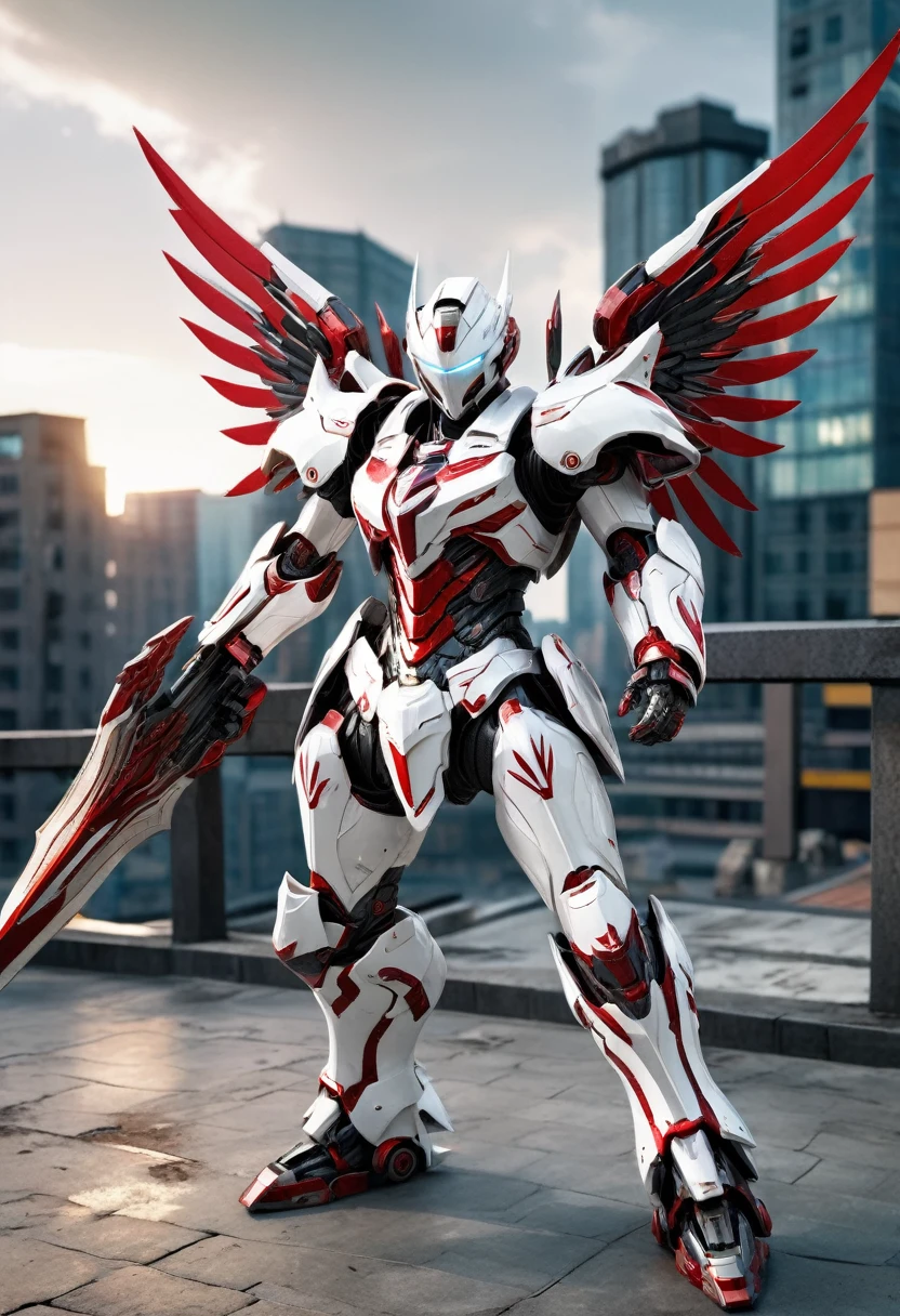 A full-body shot 3D/Chibi of a robot or mechanized armor, captured from a 45-degree wide angle. The armor is predominantly white with red embellishments and a complex design, featuring sharp wings. The character holds a giant sword emitting a red, net-like glow. The robustness of the armor enhances the character's imposing presence, Random fighting pose atop the tallest sky in a ruined city, poised for battle with realistic visual effects, ultra-high details, 8K quality, and lightning in the background.