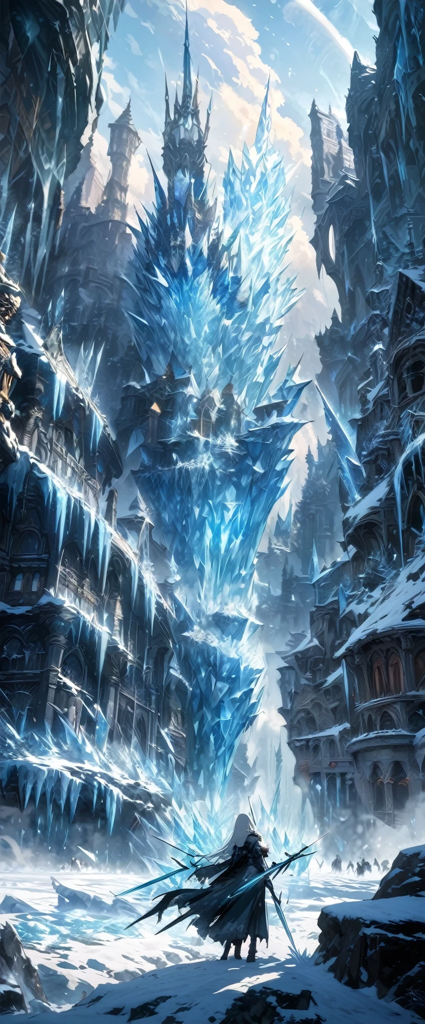 best quality, super fine, 16k, 2.5D, delicate and dynamic, ice arrows, ice swords, and ice spears rain down from the sky, gradually freezing the ground. Ice spirits, ice world, vast land, Northern Renaissance buildings, glittering ice dust effects, (magnificent views:1.4)