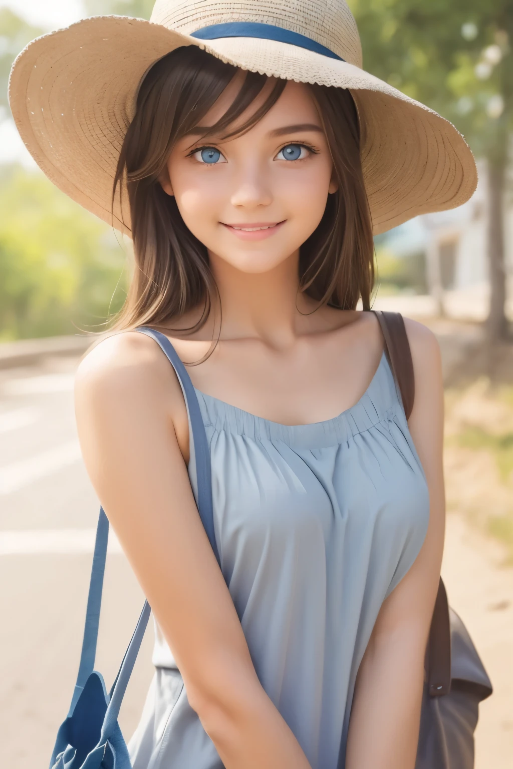 Beautiful and cute girl, smiling face, simple summer clothes, earth color clothes, natural color hat, small bag, bare shoulders, casual hairstyle, blue gray eyes